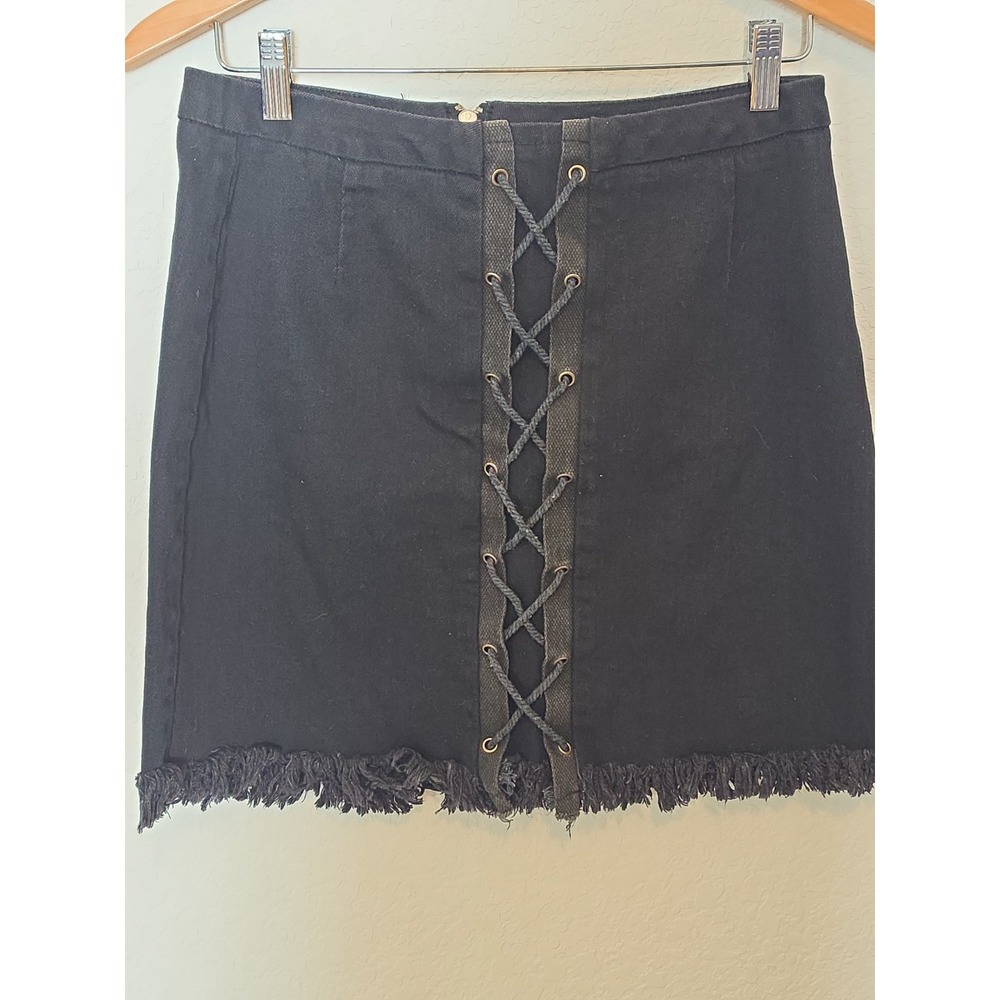 Lace Up Denim Mini Skirt Women's Large Black Raw Hem Skirt Witchy Goth Dark Roma